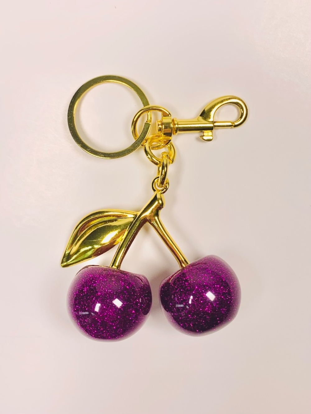 3D Glitter Purple Sparkly Cherries keychain bag charm gold tone whimsical food